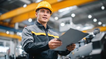 Industrial technician holding a sheet metal panel up to the light, analyzing for defects or warping, surrounded by heavy machinery and metalworking tools in a bustling factory.