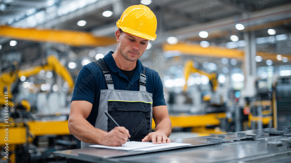 Aufkleber factory worker leans over a large sheet metal panel, using a digital scanner to check surface integr