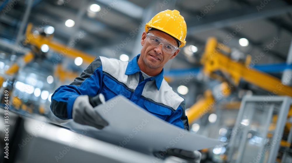 Poster factory worker leans over a large sheet metal panel, using a digital scanner to check surface integr