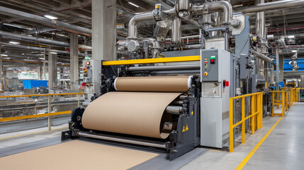 Industrial paperboard production line showing textured cardboard sheets emerging from a high-speed roller press, metallic pipes and valves running along factory walls.