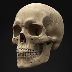 Obraz premium A realistic, detailed, and aged human skull displayed against a dark background, showcasing its anatomical structure.