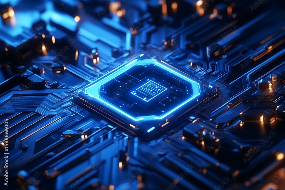Aufkleber exploring advanced technology glowing microchip on circuit board for innovation