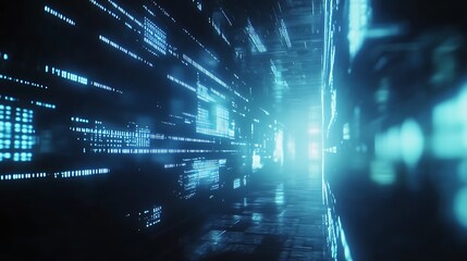 Obraz premium Exploring Digital Data Stream Tunnel with Glowing Lines and Futuristic Design