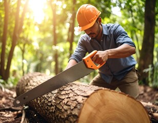 Lumberjack sawing a log in forest