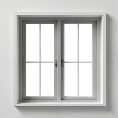 Modern white window frame with grey grid pattern. Two casement windows with clear glass panes offer blank space for custom design. Isolated architectural element on plain wall, ideal for interiors.