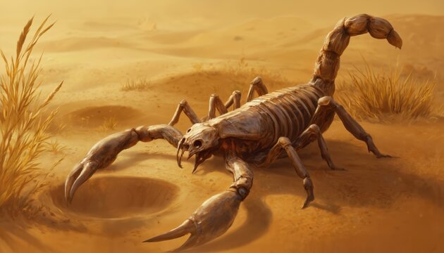 Eerie desert scene features detailed skeletal scorpion in dry sand. Sparse dry grass, sand dunes create desolate backdrop. Menacing claws, segmented tail suggest danger. Representation of nature