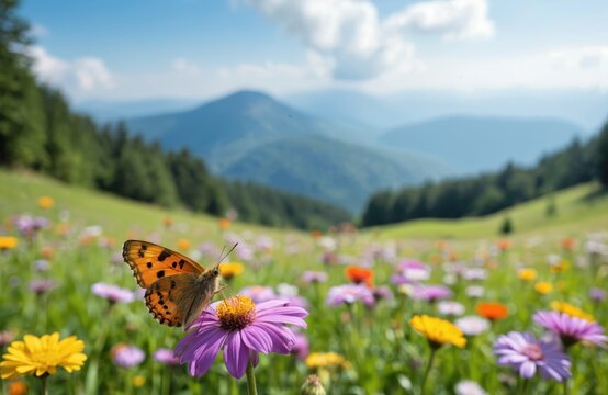 Orange butterfly rests on vibrant purple flower in mountain meadow. Colorful wildflowers bloom under sunny blue sky. Rich green hills and distant blue mountains create serene landscape.