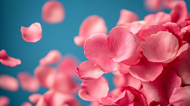 Pink Rose Petals Falling on Teal Background - Romantic Floral Image