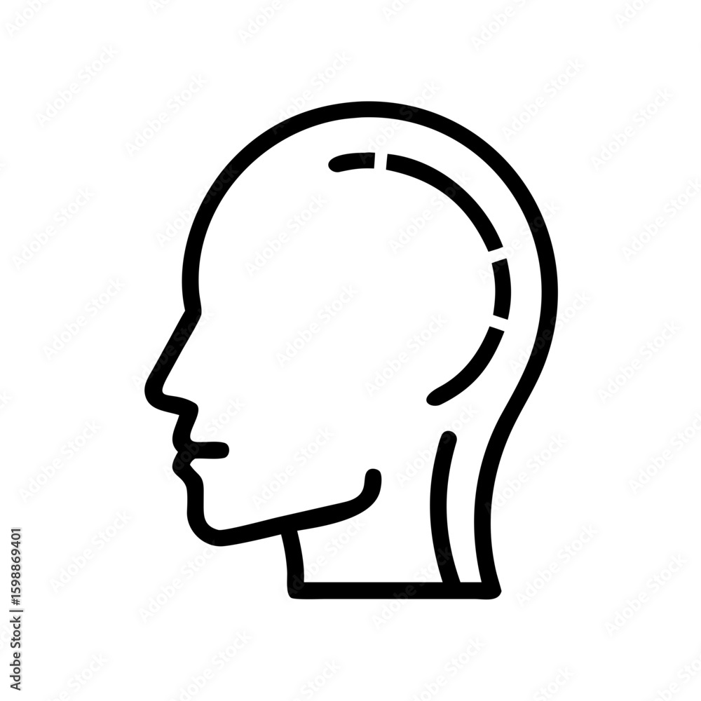 Poster outline of a human head profile with dotted line inside the head representing the brain area shape e