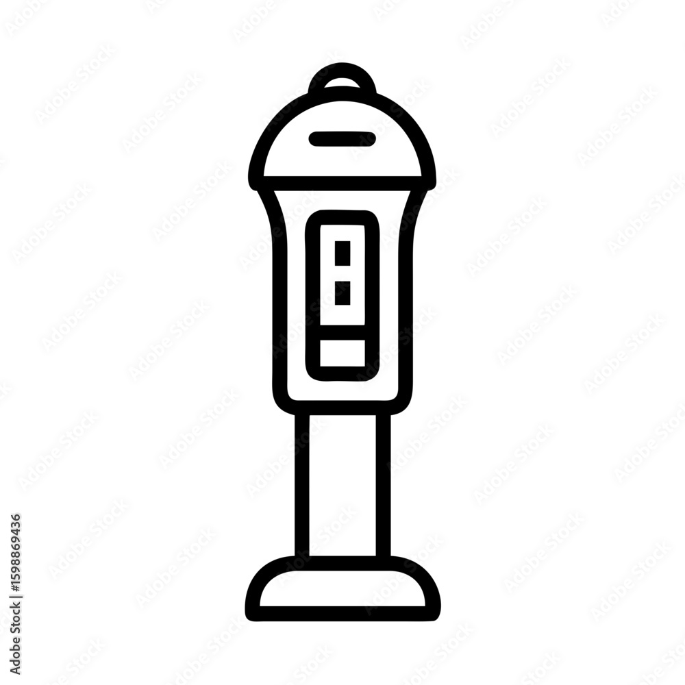 Poster outline drawing of a parking meter with a display and coin slot in black and white style design whic