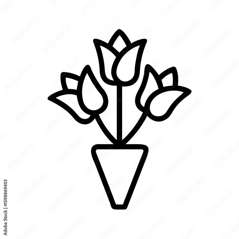 Poster outline drawing of three flowers in a vase with simple design and black lines in a white background