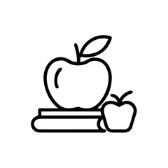 Outline drawing of an apple sitting atop books with a smaller apple next to it, simple design art