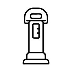 A simple graphic of a vintage style gas pump with a curved top and rectangular display panel shown in outline