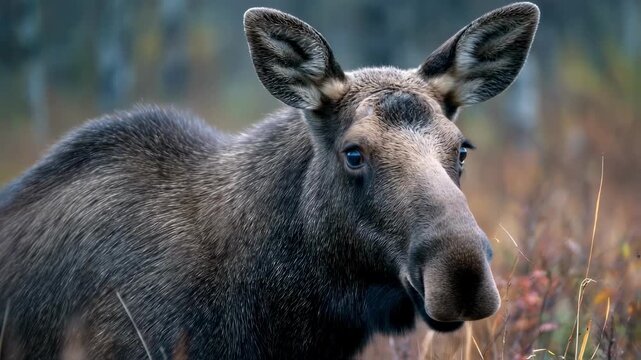 A closeup of a mooses head reveals its prominent elongated snout and expressive eyes adorned with distinctive facial features. The texture of its coarse fur and the dark moist nostrils