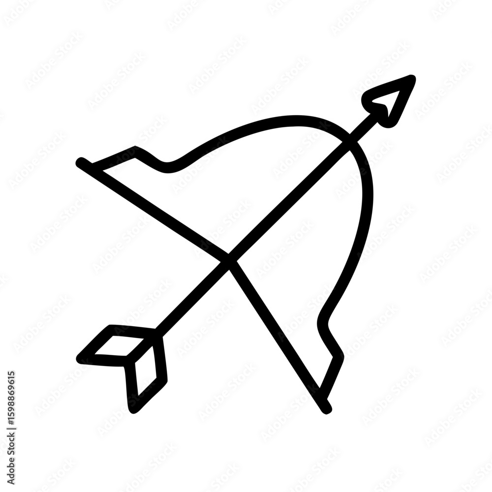 Aufkleber simple graphic of a bow and arrow with an arrowhead and fletching in black outline style