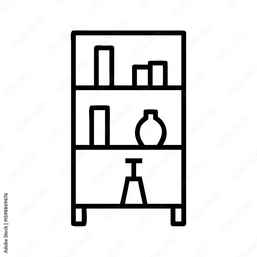Poster outline drawing of a shelf with various decorative items on each level, simple line work style