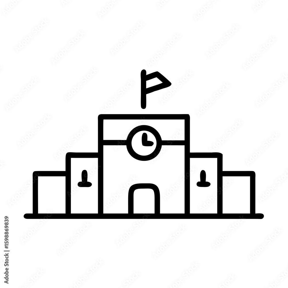 Poster Outline drawing of a building with a clock and flag on top, with smaller side structures visible