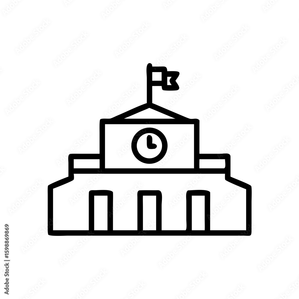 Poster Simple line drawing of a building with a clock and a flag on top of the structure shown here