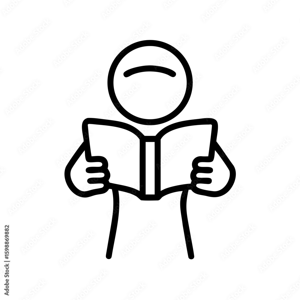 Fototapete Stick figure reading an open book with both hands in black outline on a white background design element