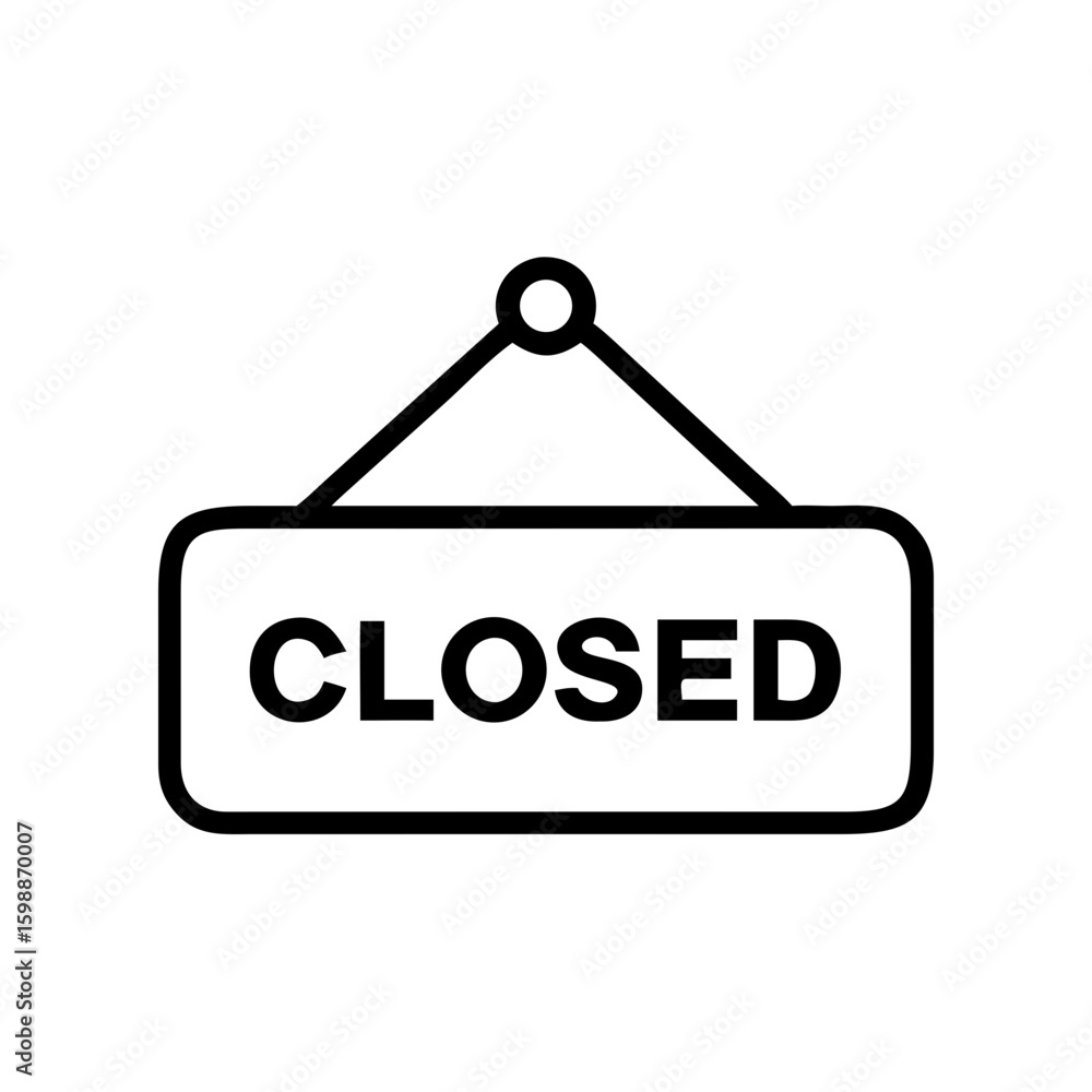 Poster a simple graphic of a sign displaying the word closed hanging by a string in black and white style