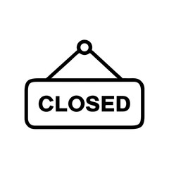 A simple graphic of a sign displaying the word closed hanging by a string in black and white style