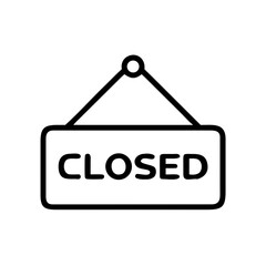 A simple black and white graphic of a closed sign hanging from a string with rounded corners design element