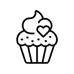 Outline drawing of a cupcake with frosting and a heart on top, simple design for a sweet treat icon