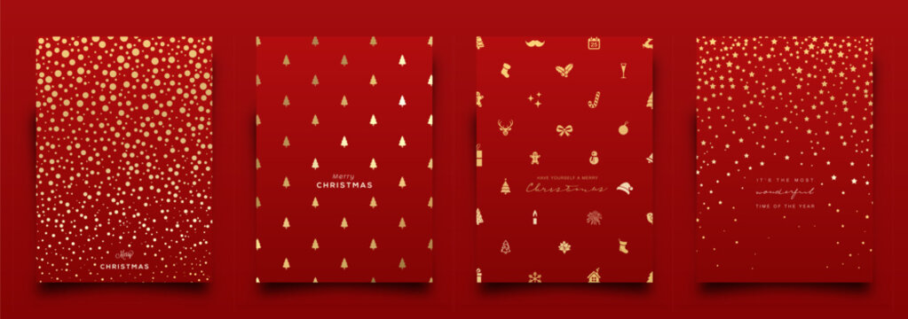 Holiday Greeting Card designs. Elegant gold  pattern; Glitter Christmas elements and icons including pine trees, snowflakes, stars... Vector Illustration.