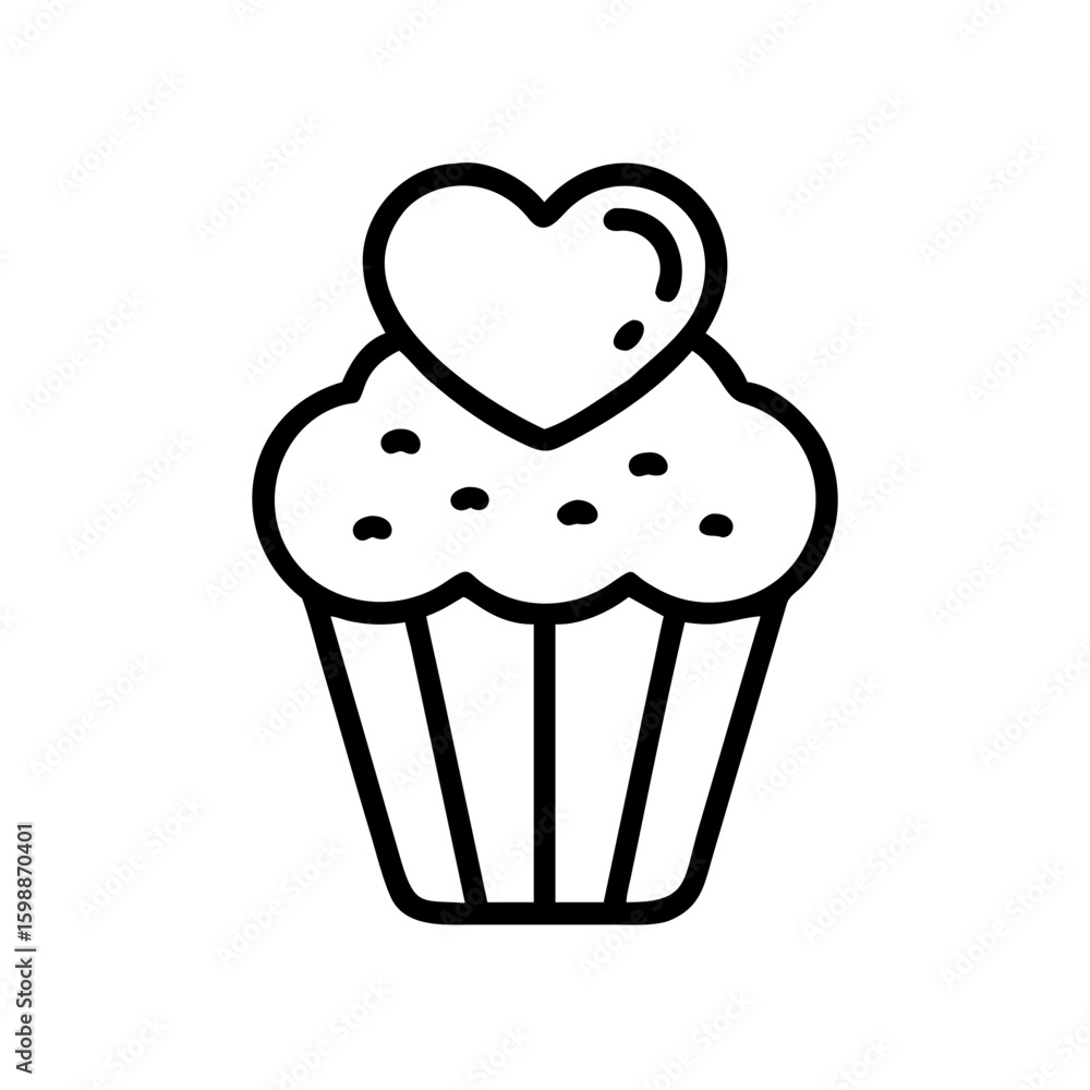 Poster cupcake with heart topping and sprinkles in a simple line drawing style for graphic design use
