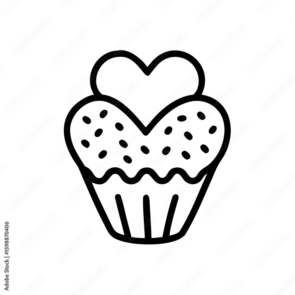 Poster a delightful cupcake with heart shaped frosting and sprinkles in a simple outline style design here