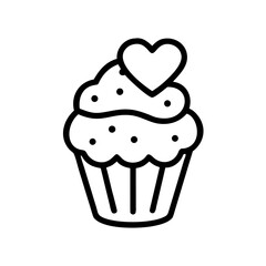 Outline drawing of a cupcake with frosting and a heart on top in black and white style design