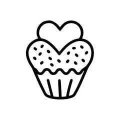 A delightful cupcake with heart shaped frosting and sprinkles in a simple outline style design here