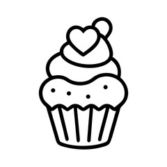 Simple outline drawing of a cupcake with frosting and a heart on top, isolated on white background