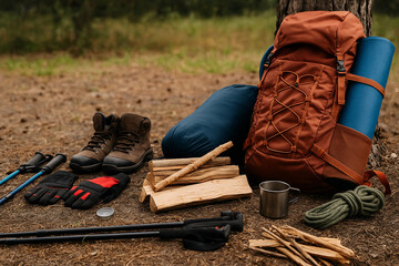 Camping gear and firewood laid out at forest campsite
