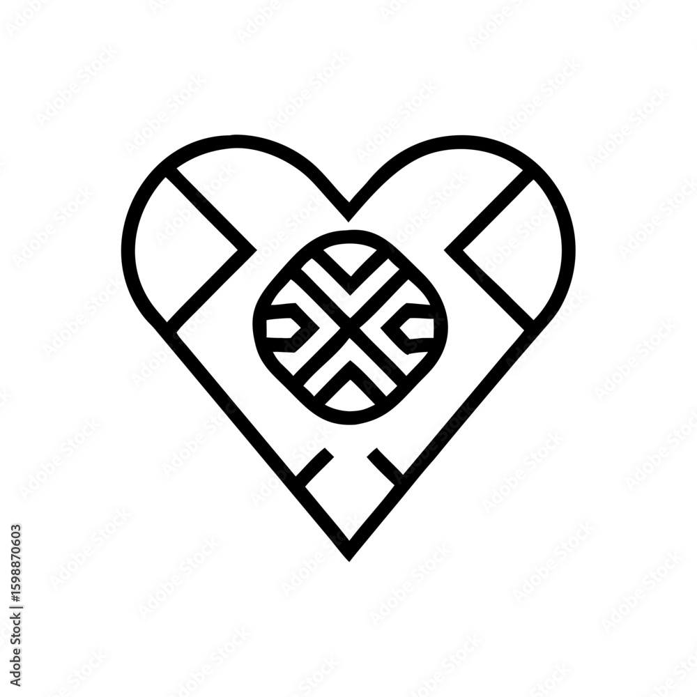 Poster Heart shape with geometric patterns and a central design element in a minimalist style drawing art