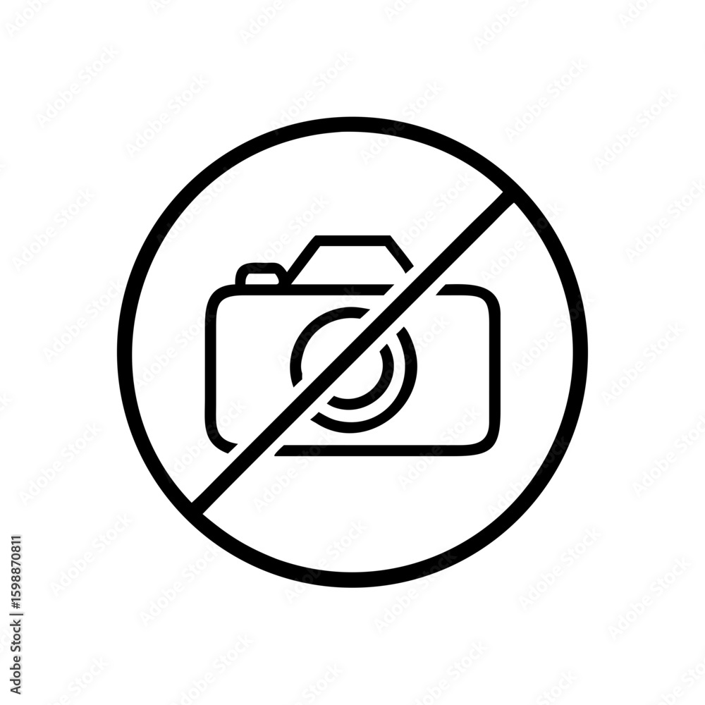Poster a simple graphic of a camera inside a circle with a diagonal line through it to show prohibition wit