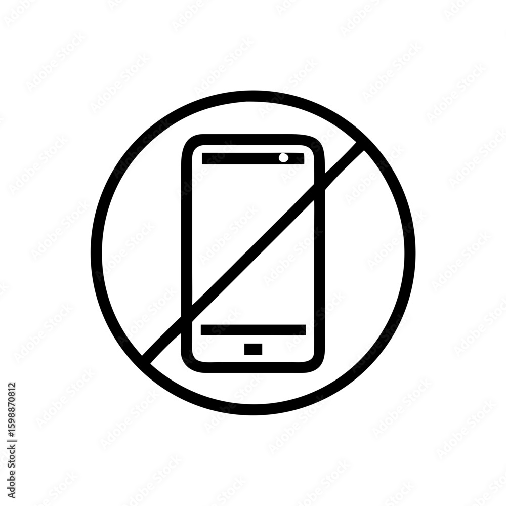 Poster mobile device inside a restricted circle with a diagonal line indicating prohibition of usage here n