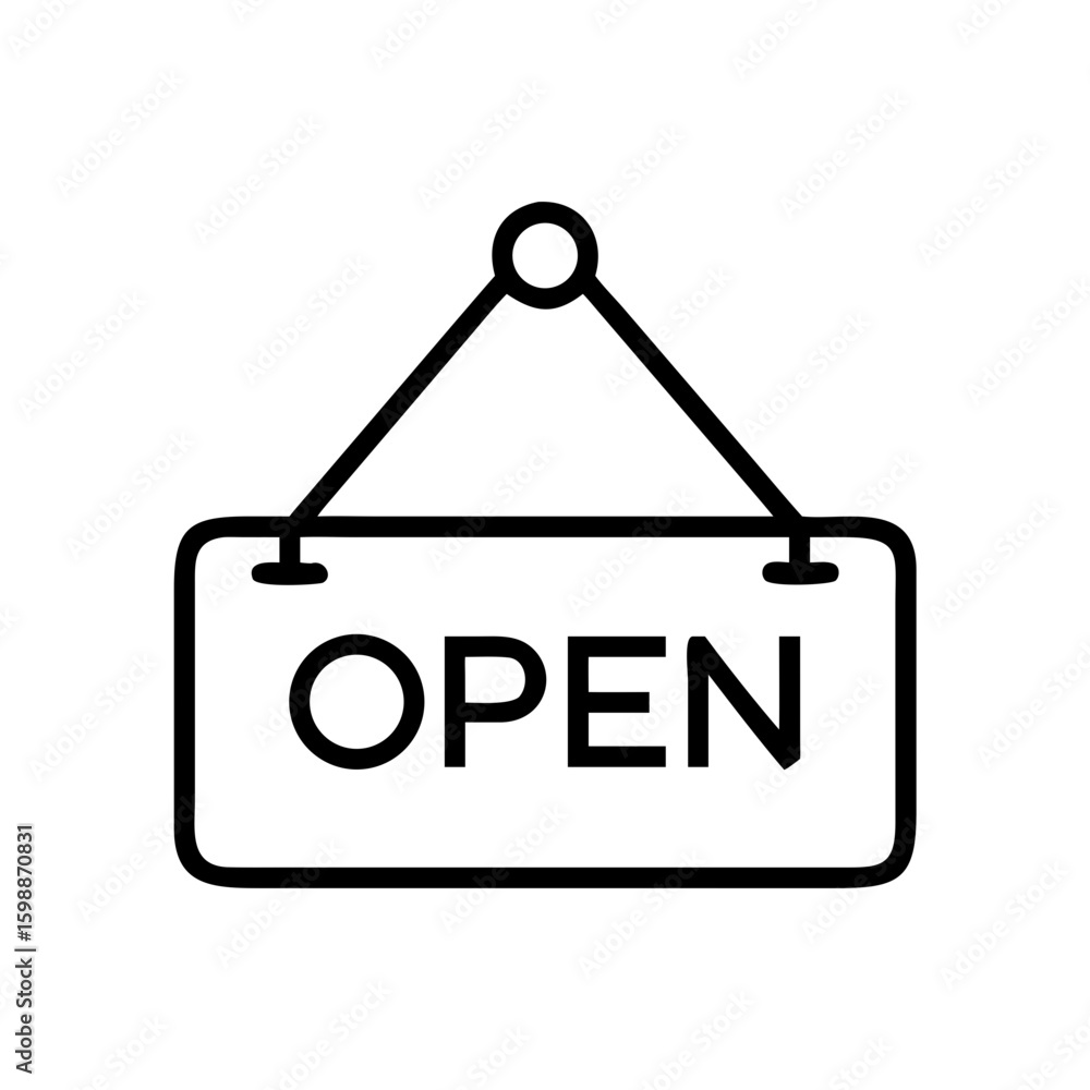 Poster hanging rectangular sign displaying the word open in bold letters with a simple line drawing style l