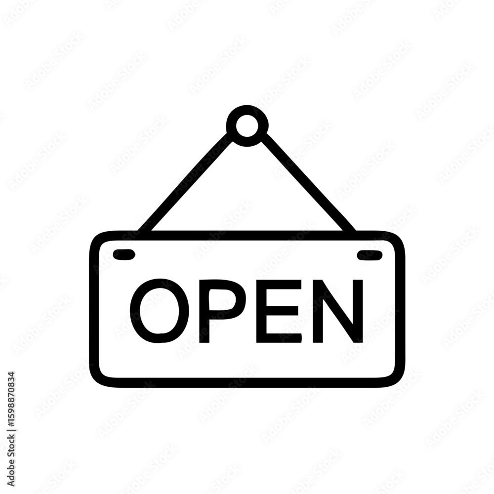 Poster hanging sign with the word open displayed in bold letters indicating business availability for custo