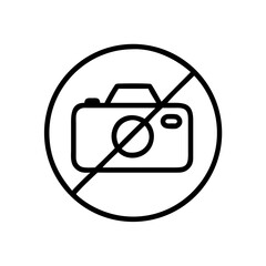 A restricted photography area shown by a camera in a circle with a line through it graphic representation
