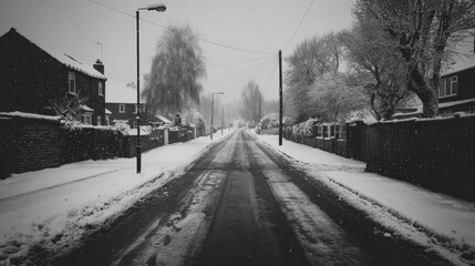 Snowy winter street in suburban neighborhood with bare trees and overcast sky