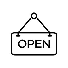 Hanging rectangular sign displaying the word open in bold letters with a simple line drawing style look