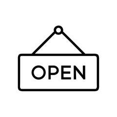 A simple graphic of a hanging sign with the word open displayed in bold sans serif lettering on it