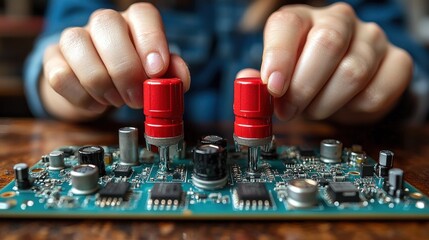 Close-up of Hands Carefully Installing Red Components onto a Circuit Board