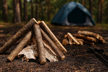 Campfire structure prepared for lighting at campsite in forest
