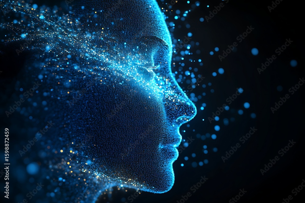 Poster abstract digital face with flowing particles on dark background for technology