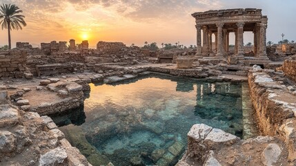 Obraz premium Ancient Ruins at Sunrise: Serene Pool and Temple in the Morning Light