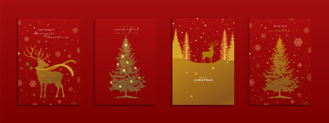 Holiday Greeting Card designs. Elegant gold Christmas elements and icons including reindeer, pine trees, snowflakes, stars... Vector Illustration.