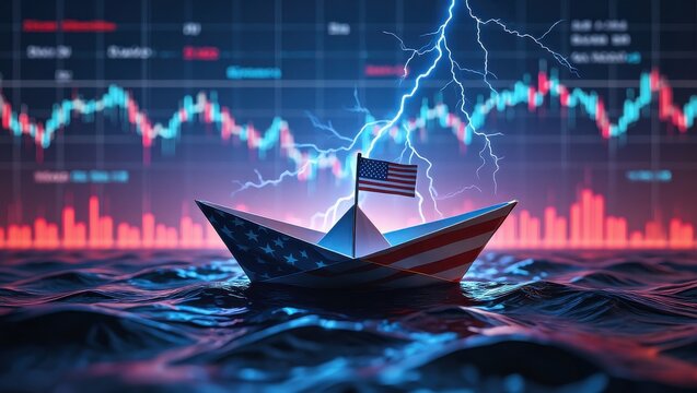 A small paper boat featuring the American flag sails through dark turbulent waters. Lightning flashes above illuminating the stormy scene symbolizing market volatility and uncertainty.