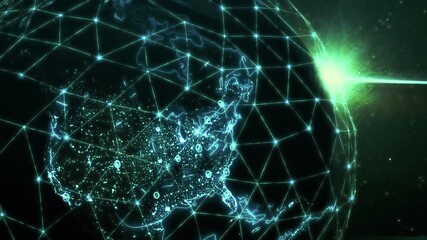 Glowing network lines connect the globe, with the United States prominently featured, illustrating a futuristic and technological vision of global communication and digital connectivity. 4k footage - Powered by Adobe